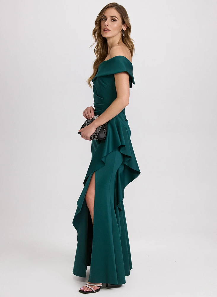 Off-Shoulder Waterfall Ruffle Dress