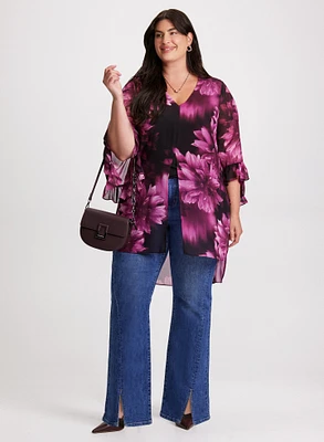 Flower Print Flare Sleeve Blouse & High Rise Flared Leg Jeans