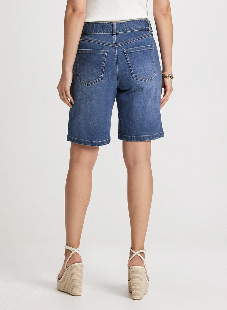 Self-Tie Belted Denim Shorts