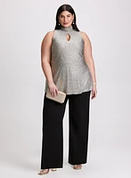 Crinkle Foil Knit Top & Button Detail Wide-Leg Pants