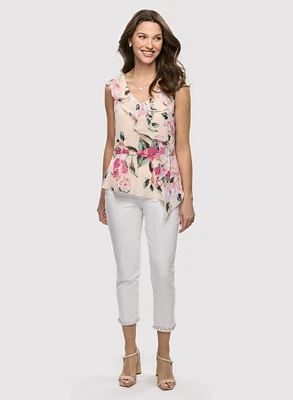 Floral Print Ruffle Blouse & Stud Detail Capris