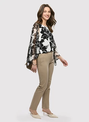 Sheer Sleeve Floral Top & Embroidered Straight Leg Denim Pants