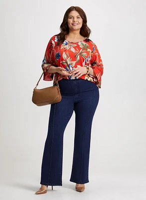 Floral 3/4 Sleeve Top & Pull-On Bootcut Jeans