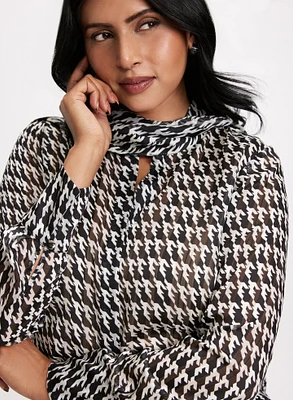 Houndstooth Print Chiffon Blouse