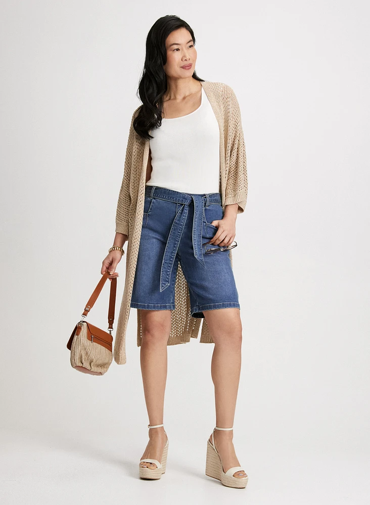 Self-Tie Belted Denim Shorts