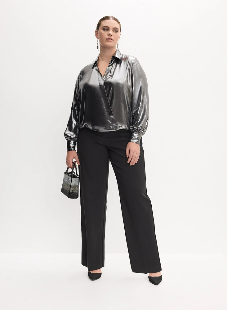 Metallic Long Sleeve Blouse & Straight-Leg Pants