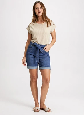 Decorative Buttons Ribbed Knit T-Shirt & Self-Tie Belted Denim Shorts