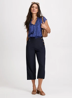 Smocked Polka Dot Blouse & Wide Leg Linen-Blend Capris