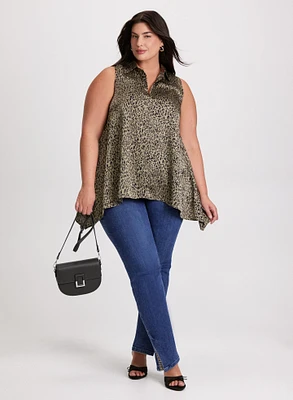 Sleeveless Animal Print Tunic & Embellished Slit Hem Jeans