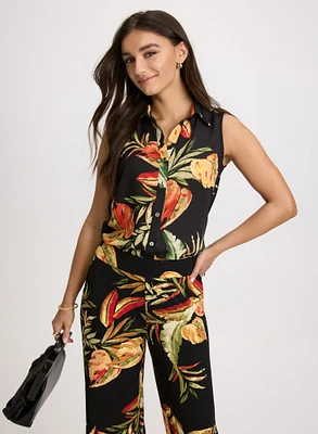 Sleeveless Leaf Print Blouse