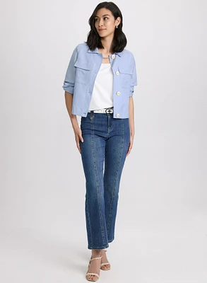 Veste courte en mélange de lin et jean à jambe évasée