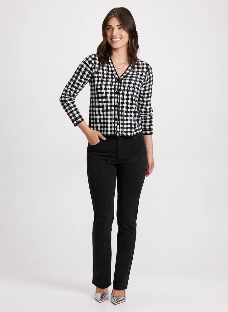 Houndstooth Print Cardigan & Straight Leg Jeans