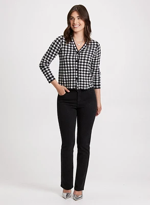 Houndstooth Print Cardigan & Straight Leg Jeans