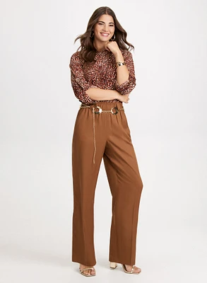 Animal Print Boat Neck Top & Wide Leg Tencel Pants