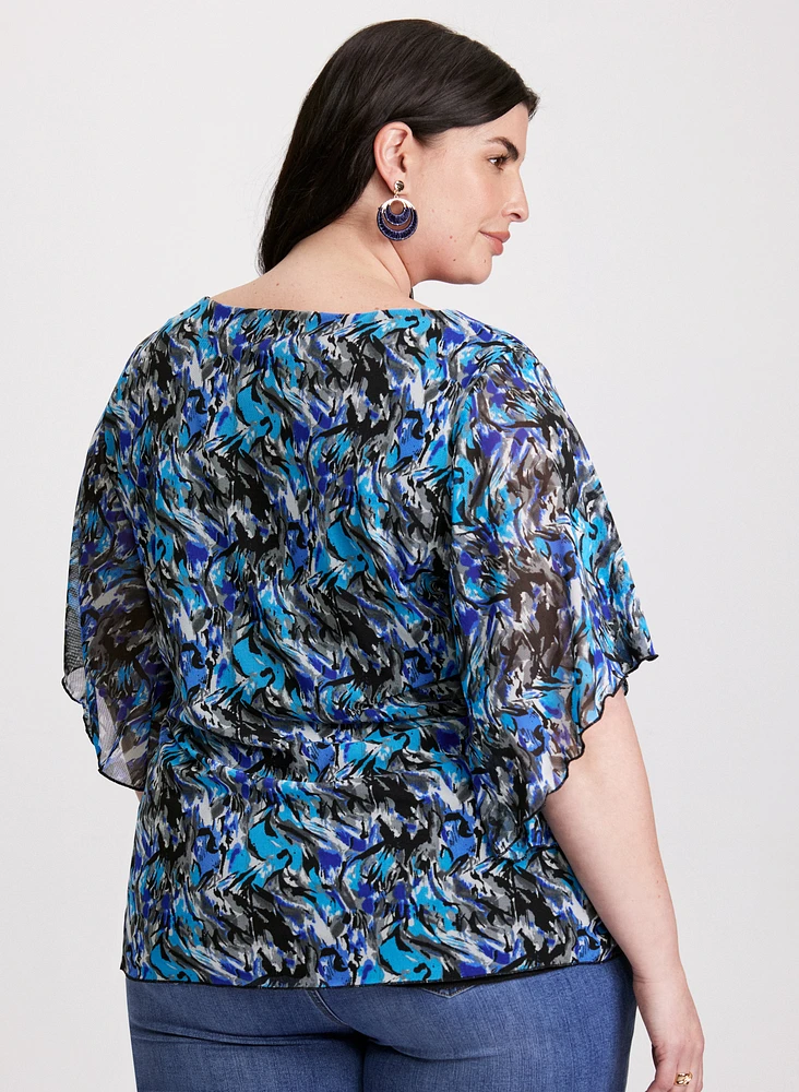 Abstract Print Mesh Blouse