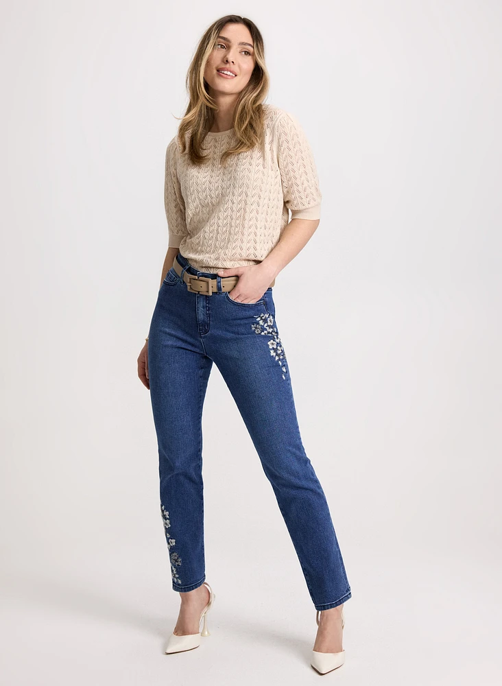 Crew Neck Knit Pullover & Embroidered Straight Leg Jeans