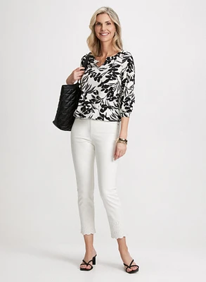 Floral Bouffant Sleeve Top & Embroidered Pull-On Jeans