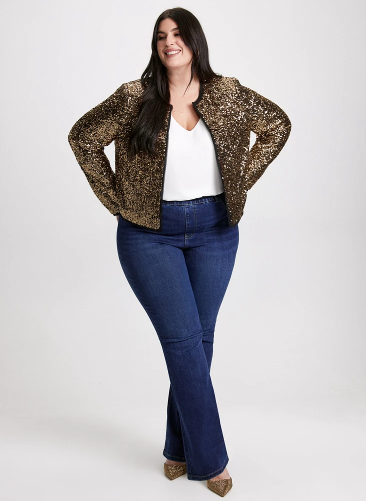 Sequin Chiffon Jacket & Pull-On Flared Jeans