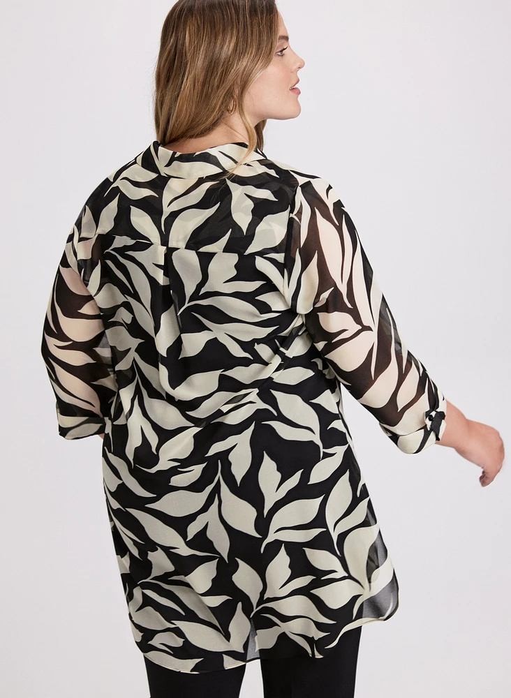 Leaf Print Button-Down Tunic Blouse