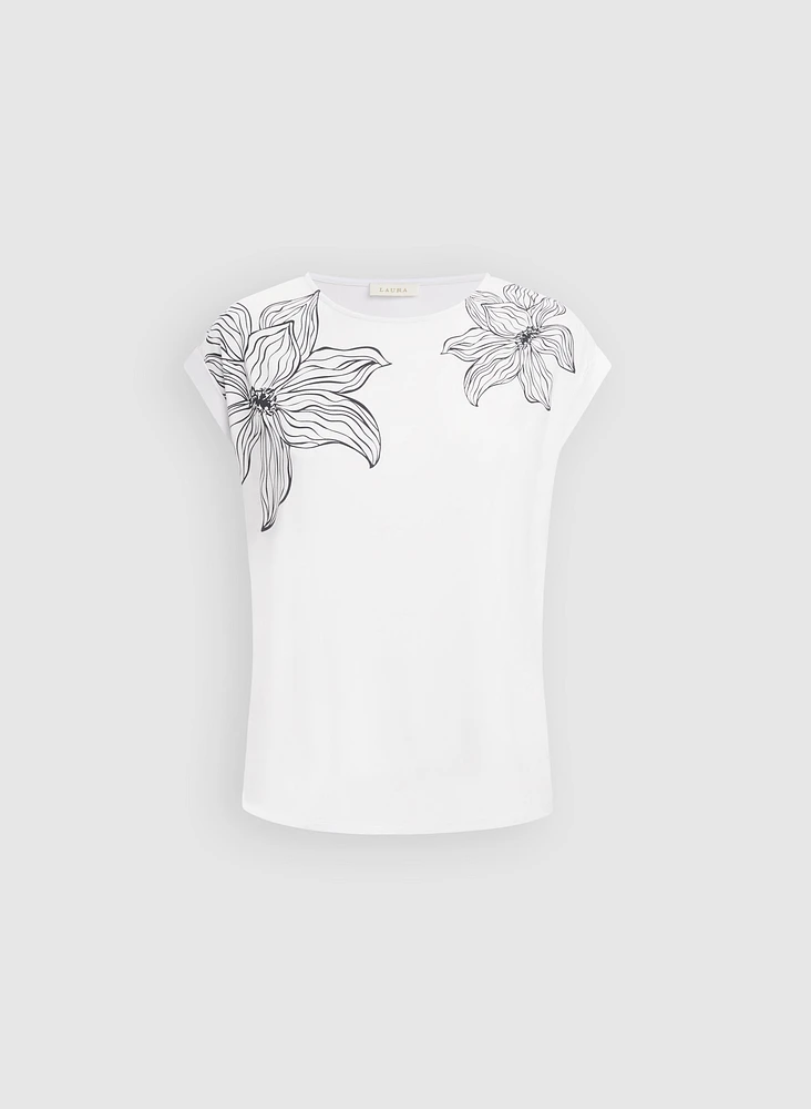 T-shirt à motif floral en esquisse