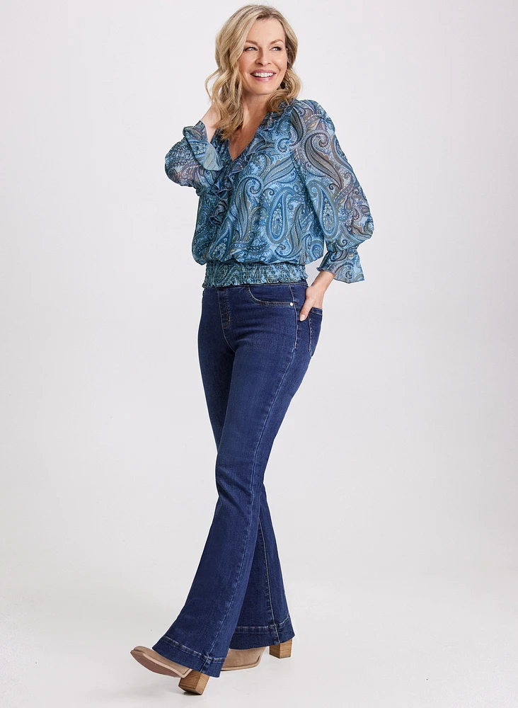 Paisley Ruffled Blouse & Flare Leg Pull-On Jeans