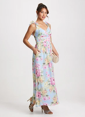 Long Ruffled Shoulder Floral Dress