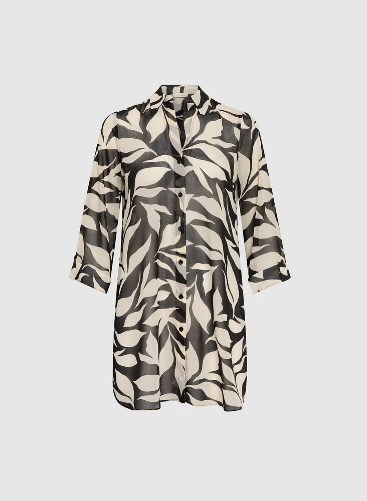 Leaf Print Button-Down Tunic Blouse