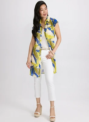 Palm Print Tunic Blouse & Crochet Trim Denim Capris