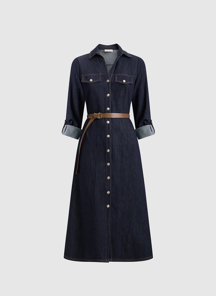 Belted Denim Button-Down Midi Dress