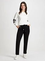 Lace Trim Long Sleeve Top & Drawstring Pull-On Pants