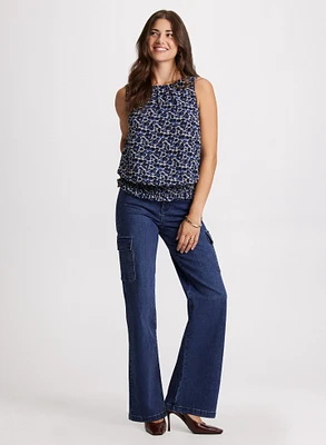 Sleeveless Leopard Print Blouse & Wide Leg Cargo Jeans