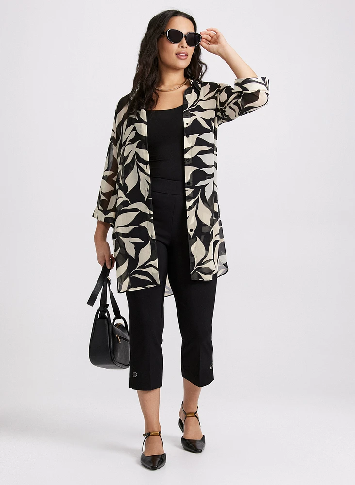 Leaf Print Button-Down Tunic Blouse