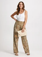 Lace-Up Ribbed Tank Top & Leaf Print Wide Leg Pants