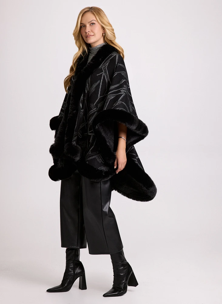 Abstract Faux Fur Trim Poncho