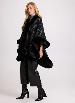 Abstract Faux Fur Trim Poncho