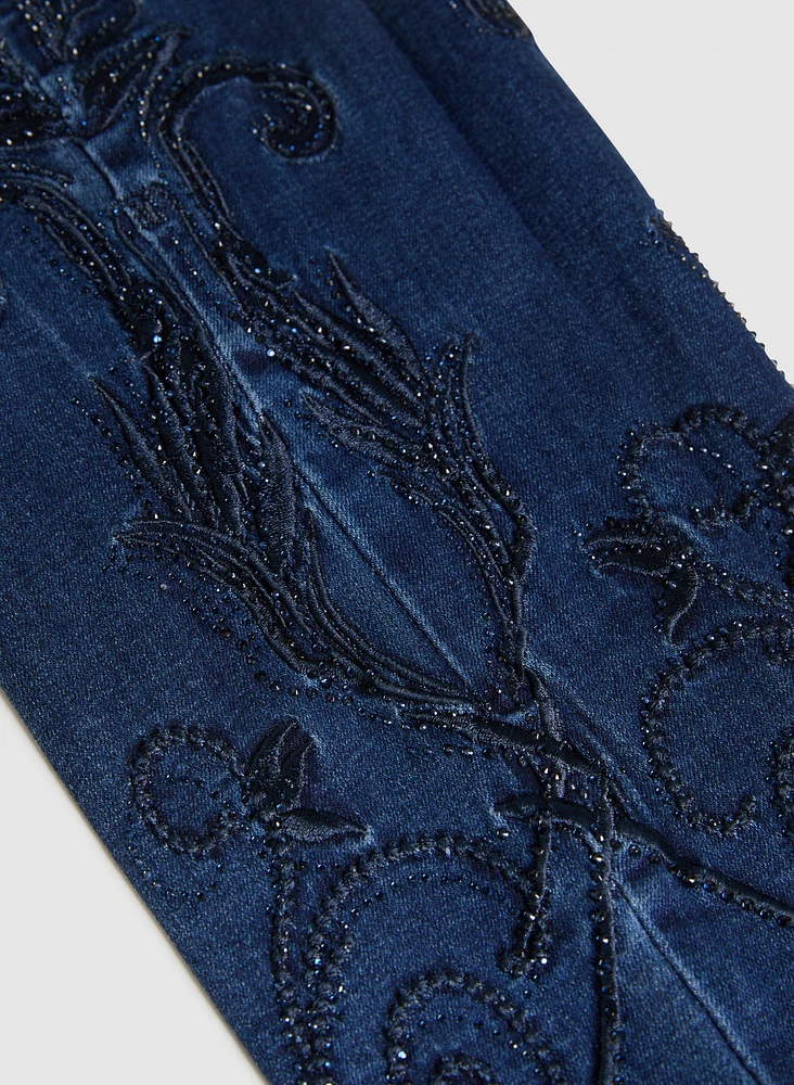 Embroidered Hem Slim Leg Jeans