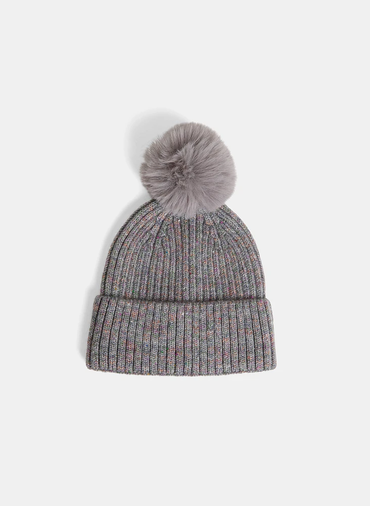 Tuque en laine à pailettes et pompon