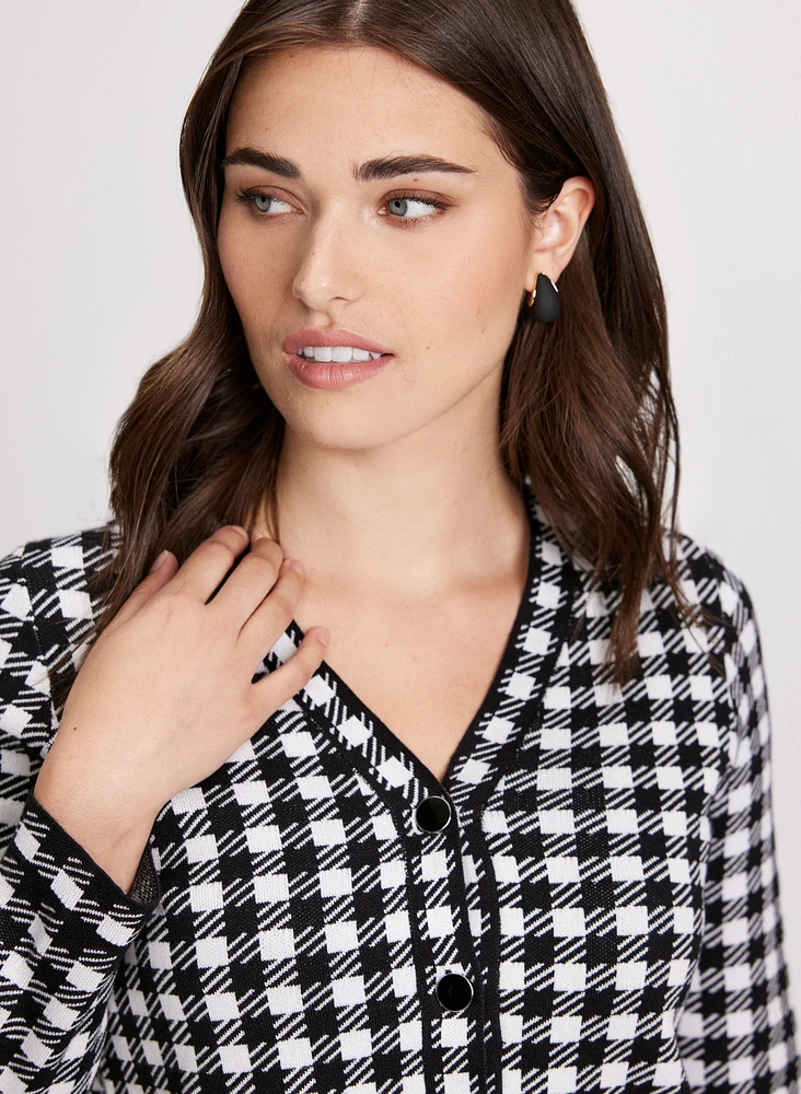 Houndstooth Print Button-Up Cardigan