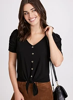 Button-Front Shirred Sleeve Top