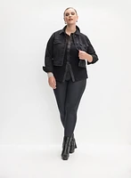 Embellished Denim Jacket, Lace Shirt & Vegan Leather Leggings