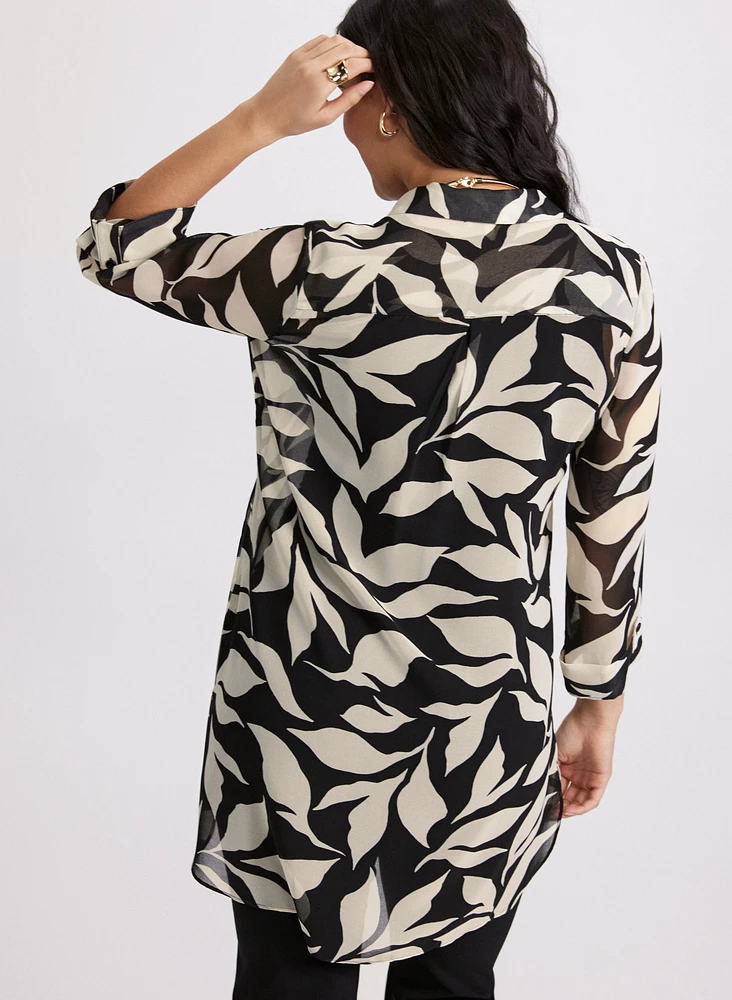 Leaf Print Button-Down Tunic Blouse