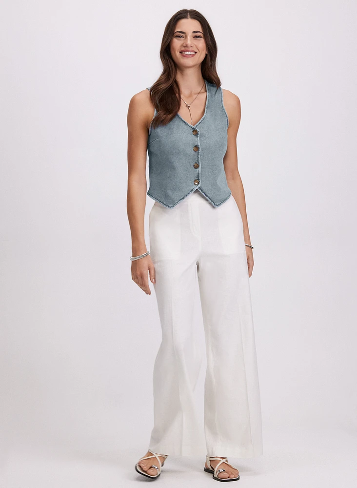 Button-Down Denim Vest & Linen-Blend Wide-Leg Pants