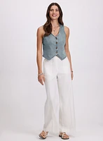 Button-Down Denim Vest & Linen-Blend Wide-Leg Pants