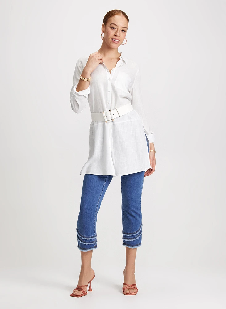 Button-Front Linen Tunic & Pull-On Frayed Denim Capris