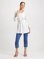 Button-Front Linen Tunic & Pull-On Frayed Denim Capris