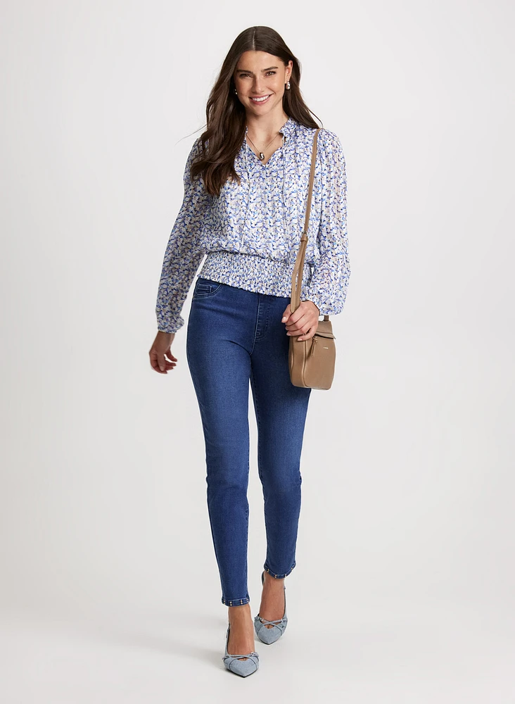 Satin Floral Print Blouse & Pull-On Slim Leg Jeans