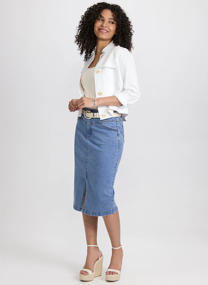 Veste courte en mélange de lin et jupe midi en denim