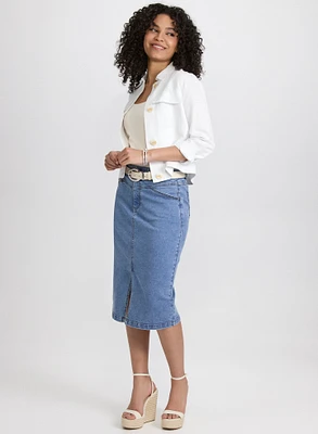 Veste courte en mélange de lin et jupe midi en denim