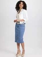 Veste courte en mélange de lin et jupe midi en denim