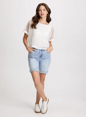 Short Sleeve Crochet Top & Denim Bermuda Shorts